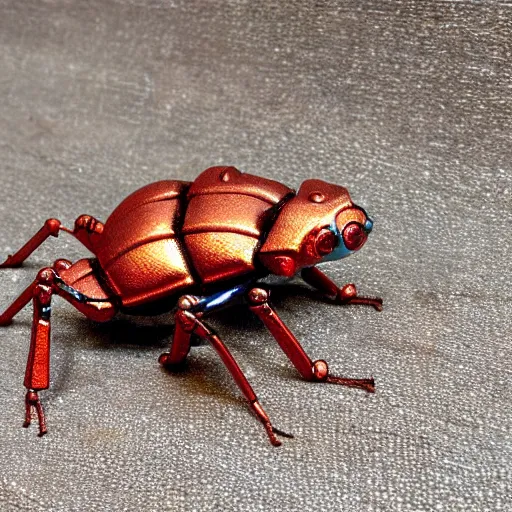 Image similar to end times paradox rust metallic beetle robot frog, photorealistic, 8 k, ultra detailed, all colors, many lines.