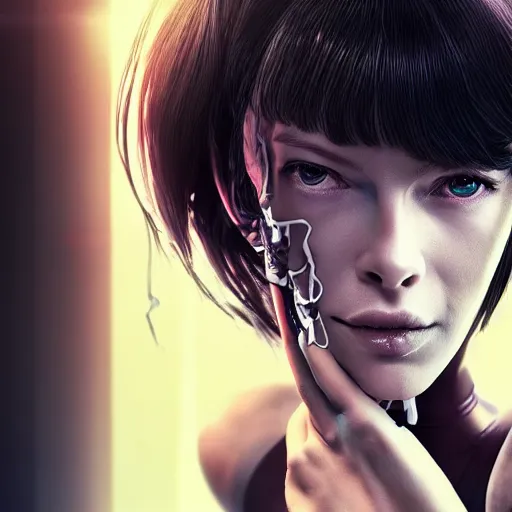 Prompt: Cyborg girl with style of Ghost in the Shell protagonized by Mila Jovovich, human face, robotic body, smooth skin, wires, realistic, VFX, 4k