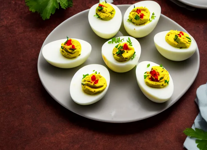 Image similar to dslr food photograph of a deviled eggs, 8 5 mm f 1. 8