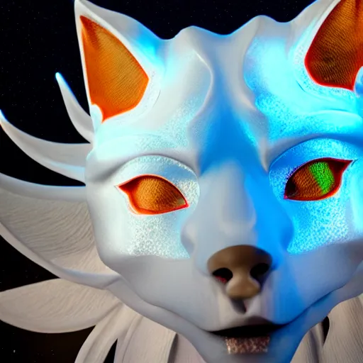 Prompt: a translucent beautiful made holographic kitsune mask in the middle of the picture, sourrounded by fod, intricate unreal engine 5 creation, movie still