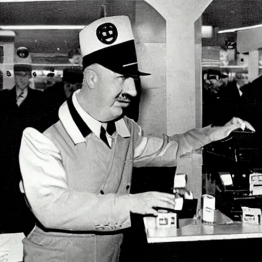 Prompt: Adolph Hitler working at a McDonald\'s in 2010 in Germany