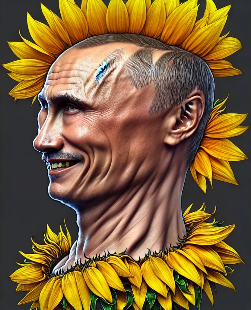 Image similar to digital art, centered full body of Putin smiling king, Sunflower crown, ,intricate, veins, by James Jean and by artgerm , by ross tran ultradetailed, charachter design, concept art, trending on artstation,