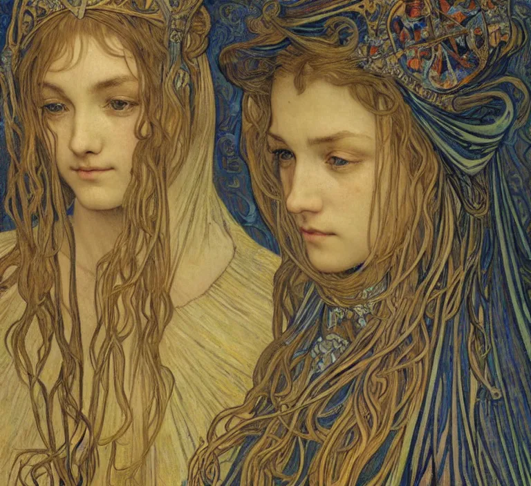 Image similar to detailed realistic beautiful young medieval queen face portrait by jean delville, alphonse mucha, vincent van gogh, and marco mazzoni, art nouveau, symbolist, visionary, gothic, pre - raphaelite