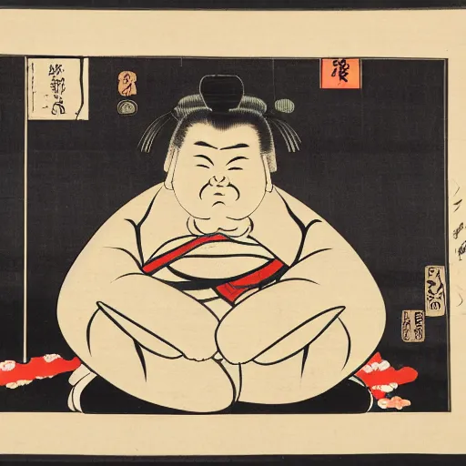 Prompt: edo period japanese print of a sumo wrestler using a computer