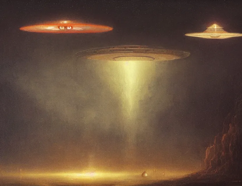 Image similar to a detailed painting of a a ufo mothership. cinematic sci - fi scene portrait and science fiction theme with lightning, aurora lighting. clouds and stars. smoke. futurism. fantasy. by beksinski carl spitzweg and tuomas korpi. baroque elements. baroque element. intricate artwork by caravaggio. oil painting. dramatic. artstation. 8 k