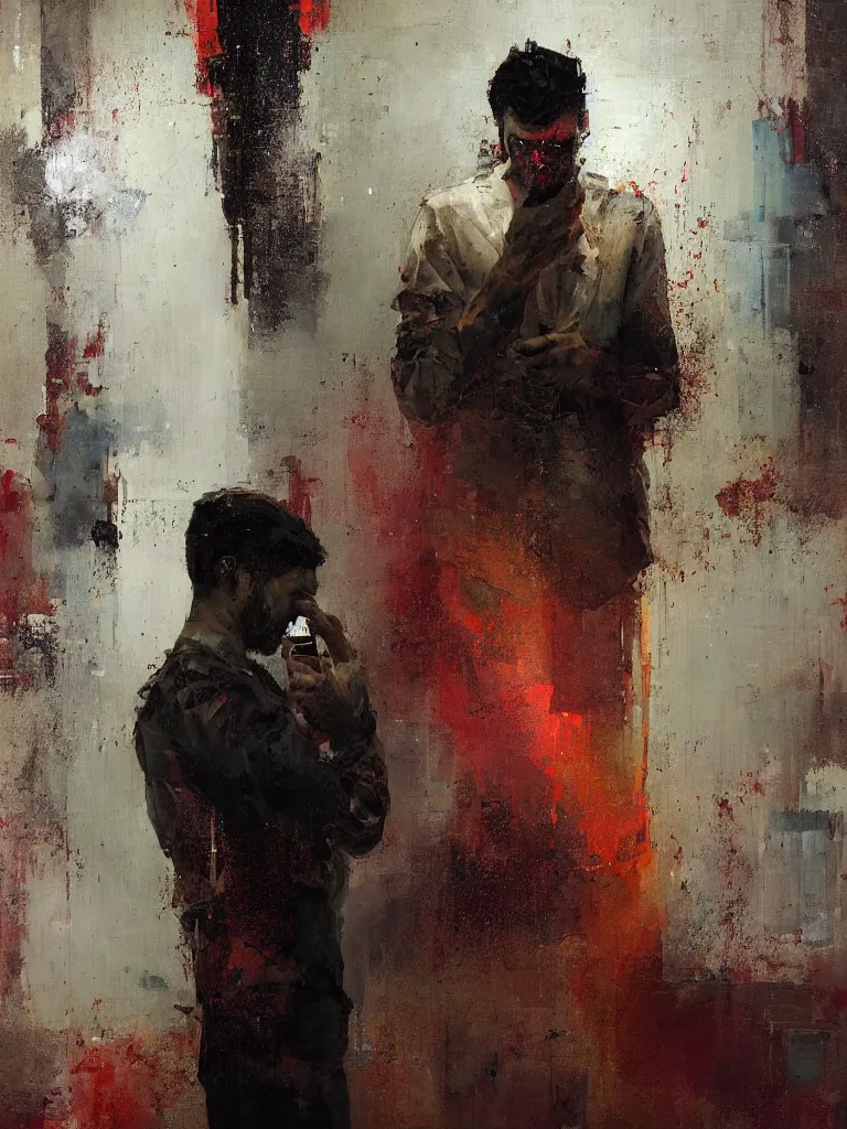 Prompt: a beautiful glitched oil painting by alpay efe and christian hook of a man looking at his phone in a bathroom, color bleeding, brushstrokes by jeremy mann, cold top lighting