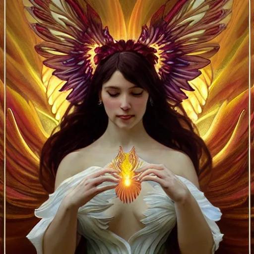 Image similar to a beautiful orchid phoenix angel woman, in an ornamented dress with large wings, rubies, volumetric light, god rays, highly detailed painting by greg rutkowski, artgerm, alphonse mucha