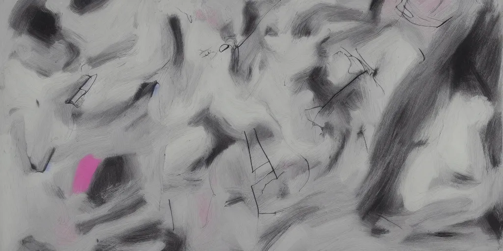 Image similar to black white painting by de kooning on white canvas, soft blue and pink tints, thin black lines, detailed martha jungwirth drawing sketch, painted by yves tanguy, informal, oil on canvas, thick impasto