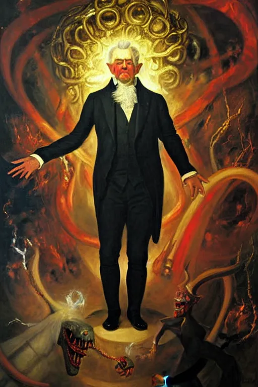 Prompt: the presidential portrait of the demon sultan azathoth, masterpiece, oil painting, realistic, by john trumbull, by george peter alexander healy, by aaron shikler