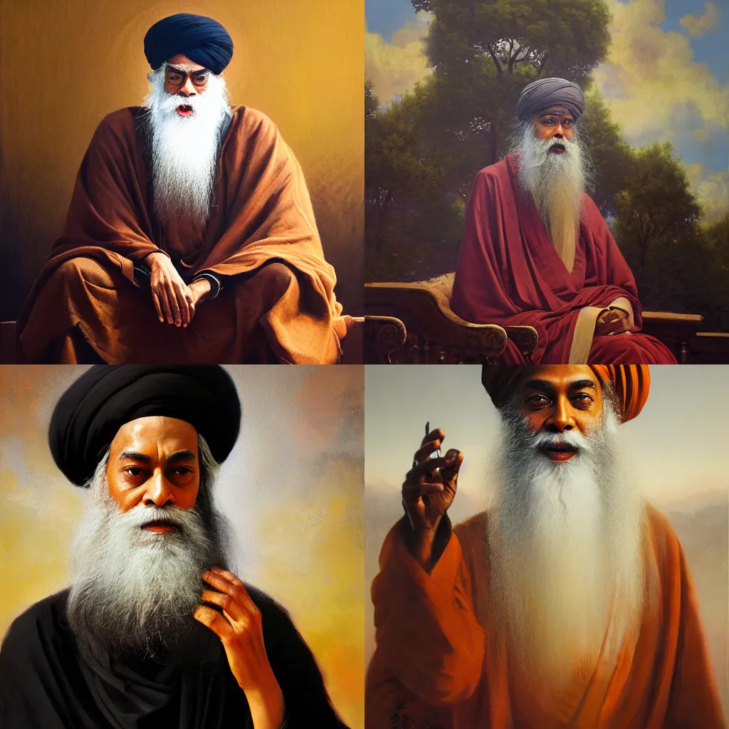 Prompt: Sadhguru as Osho, masterpiece, oil on canvas, by Greg Rutkowski, neoclassical portrait, 8K,