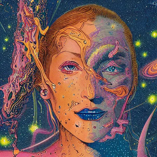Prompt: maximalist close - up portrait of a woman turning into a universe full of galaxies and stars, by moebius