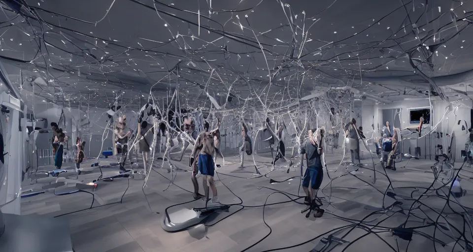 Prompt: a photo of hundreds of humans hooked up to wires in a multilevel biomechanical room, unreal engine, octane render,