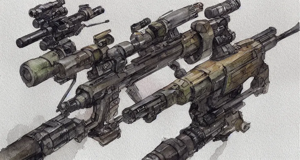 Image similar to concept art of a sniper rifle in futuristic, fantasy, steampunk, pinterest, artstation trending, behance, watercolor, by coby whitmore, silver, laser light,