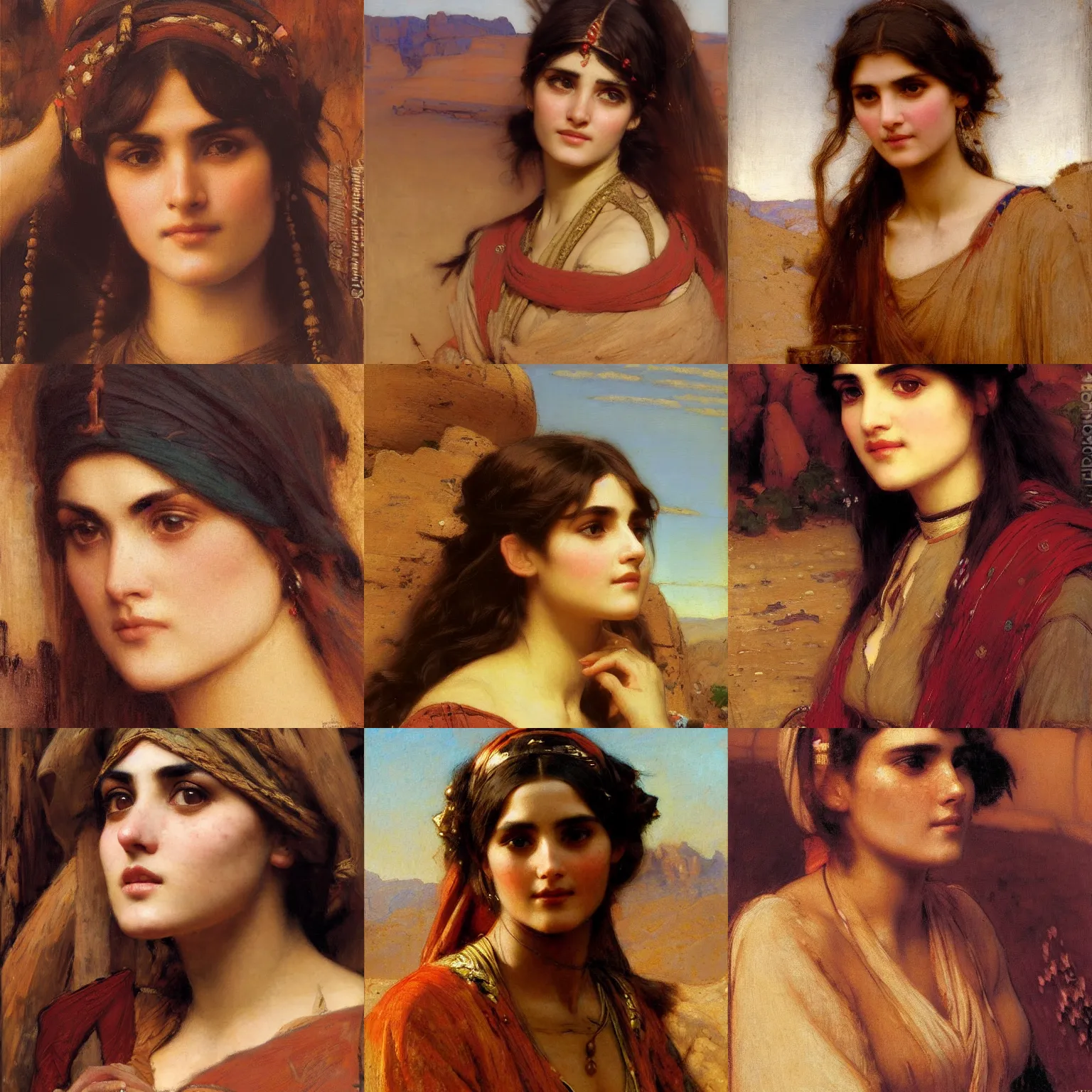 Prompt: orientalism portrait of a cute woman in the desert face detail by theodore ralli and nasreddine dinet and nikolay makovsky and john william waterhouse, masterful intricate artwork, excellent lighting, high detail 8 k