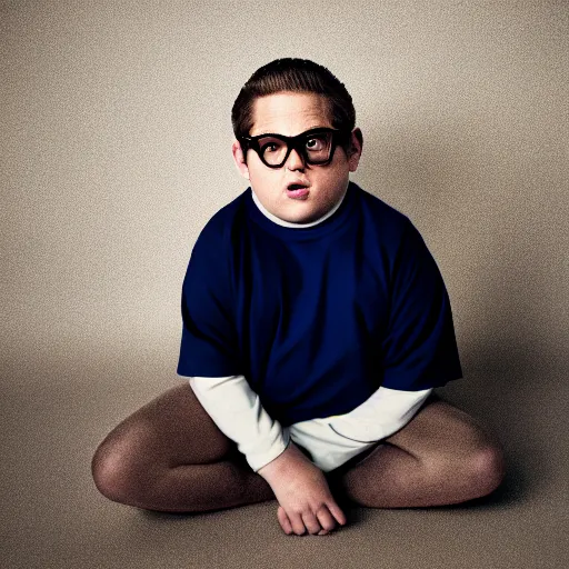 Prompt: 4 k editorial photograph of down syndrome midget jonah hill, sharp focus, soft lighting, edge lighting, studio portrait, 1 3 mm film color grading