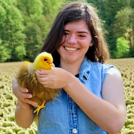 Image similar to A proud young woman in a farm holding up a baby chick extremely close to the camera, almost touching the lens. photograph extremely close wide-angle lens
