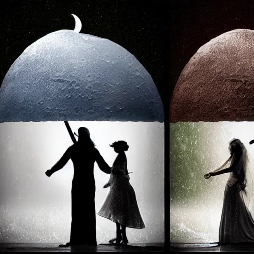 Image similar to rain, moon, knight and princess, realistic photography