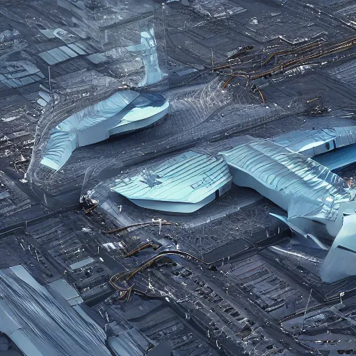 Image similar to Kazimierz Malewicz sci-fi motherboard airport view from above structure and digital billboard point cloud in the middle, unreal engine 5, keyshot, octane, artstation trending, ultra high detail, ultra realistic, cinematic, 8k, 16k, in style of zaha hadid, in style of nanospace, in plastic, dark, tilt shift,