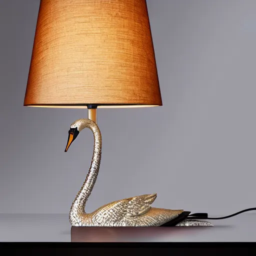 Image similar to luxury table lamp with a swan shape, intricate details, designed by swarovski, advertising photography