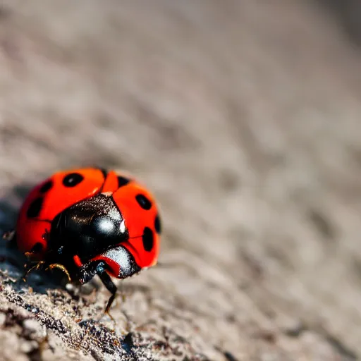 Image similar to professional photography of a Lady bug on a strawberry, bokeh, 8k