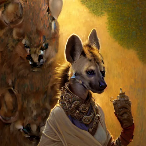 Image similar to a cinematic shot of a female hyena hyenawoman canine in wizard robes. zootopia fursona furaffinity furry art detailed face painting by gaston bussiere craig mullins jc leyendecker gustav klimt artgerm greg rutkowski furry