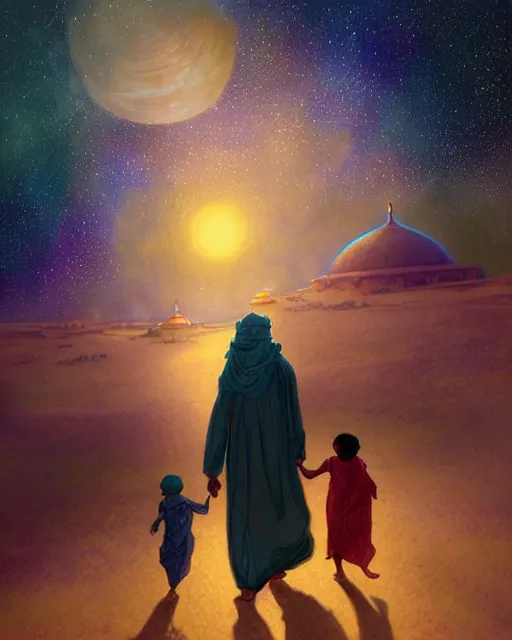 Image similar to bedouin man and woman and child in galaxy walking towards mosque surrounded by nebula, highly detailed, gold filigree, romantic storybook fantasy, soft cinematic lighting, award, disney concept art watercolor illustration by mandy jurgens and alphonse mucha and alena aenami, pastel color palette, featured on artstation