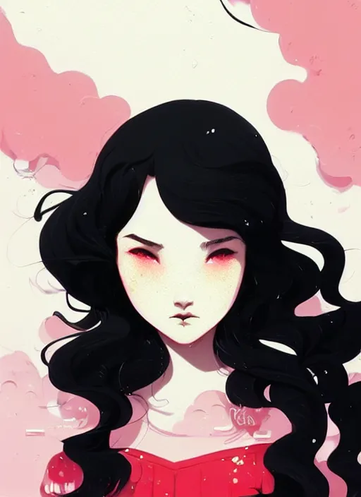 Prompt: highly detailed closeup portrait of beautiful, long black hair teen girl, wavy hair, red dress by atey ghailan, by greg rutkowski, by greg tocchini, by james gilleard, by joe fenton, by kaethe butcher, gradient pink, black and white color scheme, grunge aesthetic!!! ( ( graffiti tag wall background ) )