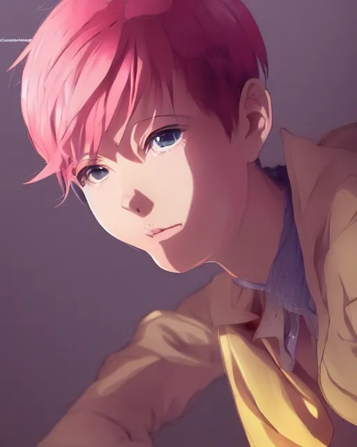 Prompt: an anime girl with with short pink hair and yellow eyes sitting, top down view, sexy outfit, medium shot, visible face, detailed, perfectly shaded body, perfectly shaded face, atmospheric lighting, by makoto shinkai, stanley artgerm lau, wlop, rossdraws