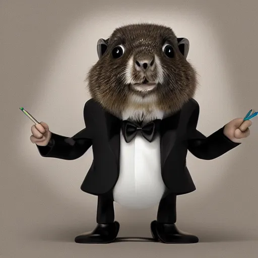 Prompt: a cute marmot in a tuxedo while holding a pencil, digital art, 3 d artistic render, octane, blender, cartoon, shadows, lighting