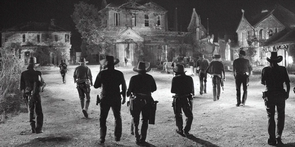 Image similar to a band of outlaws seen from the back walking toward a flaming mansion at night, in the deep south