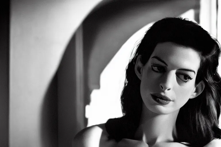 Image similar to beautiful medium shot of anne hathaway in a film noir ; grainy black and white movie still