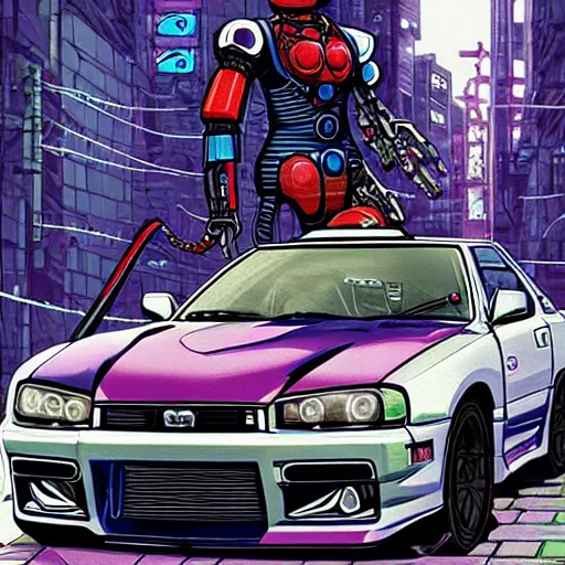 Prompt: beautiful hyper-detailed full colour manga illustration of a robot ninja warrior with a sword, driving through the city, in a modified Nissan skyline r34, cyberpunk, dystopian