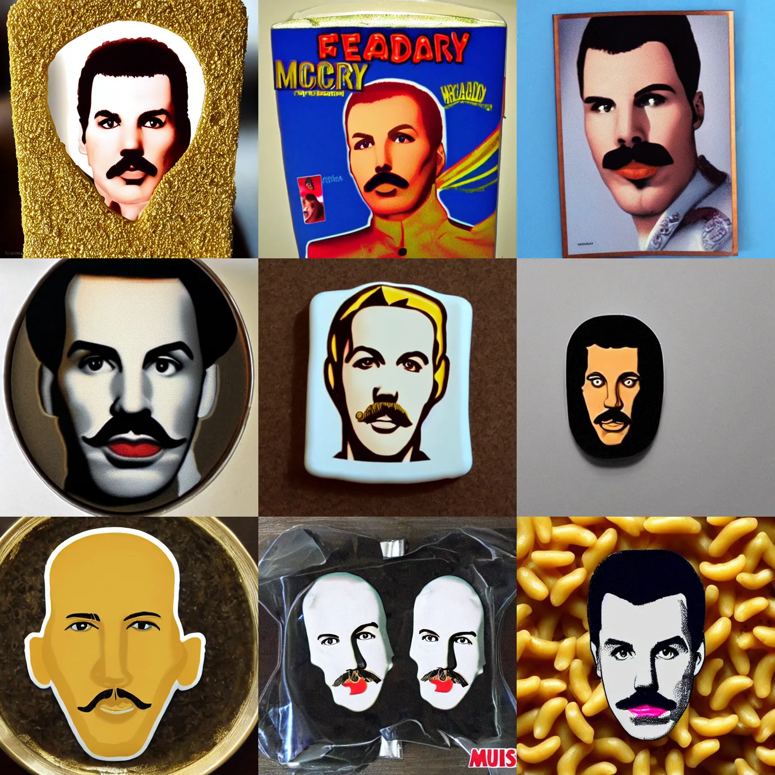 Prompt: dry macaroni shaped as the face of freddy mercury