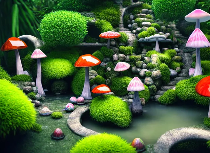 Image similar to low poly total of a porcelain garden las pozas, wide angle shot, soft focus, global illumination, radiant light, colorful aquatic plants, colorful mushrooms, puffballs, rhizomorphs, octane highly render, 4 k, ultra hd,