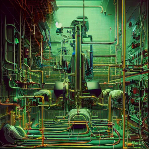 Image similar to an immaculate octane redshift render of the nexus between a vast modern computing center and an alchemist\'s lab with exposed circuit boards, nixie tubes and tesla coils by Zdzisław Beksiński and beeple, beautiful modern colors, ultradetailed, 4k ultra