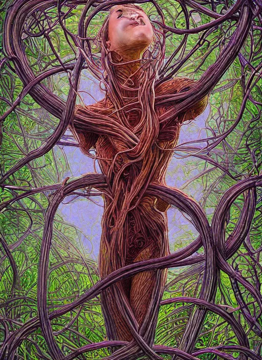 Prompt: a beautiful person trapped in the fetal position inside of extremely thick vines intertwined, central circular composition, high saturation, epic lighting, in the style of Peter gric and Hannah yata 8k