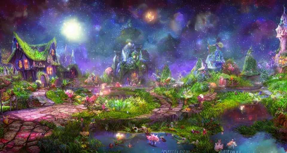 Image similar to a whimsical fairyland with a pond, starry sky, ambient lighting, fantasy art, computer render style art, unreal engine