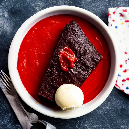 Prompt: a warm chocolate brownie in a bowl of vanilla ice cream and coated with tomato ketchup, studio lighting, recipe book photo