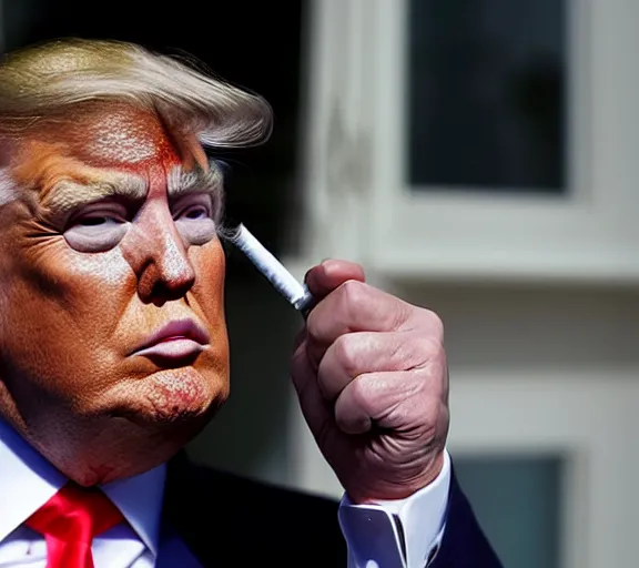 Image similar to highly detailed face shot of donald trump smoking a cigarette, ap news photo