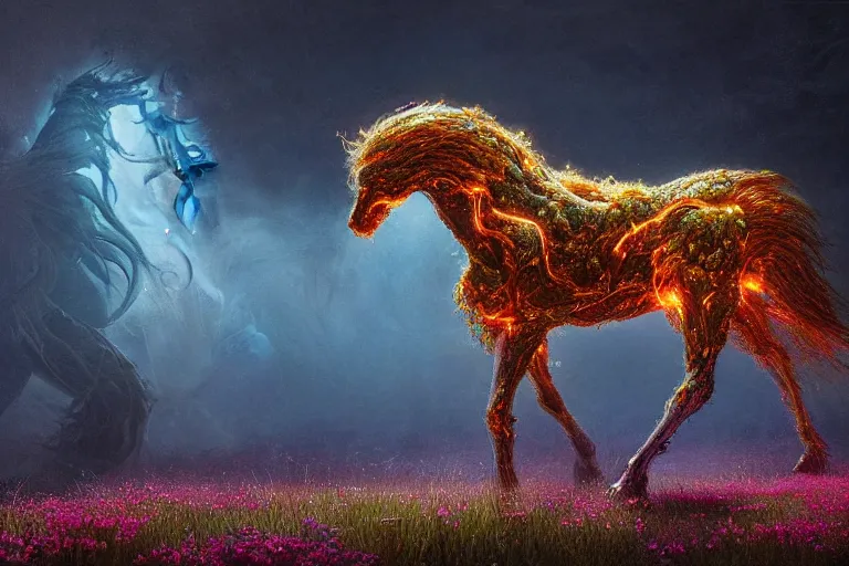 Image similar to a stunning digital painting of a horse made of intricately engraved gnarled wood with a mane of bioluminescent flowers standing in a field of flowers by greg rutkowski, flowercore, volumetric light, digital art, fine detail, photorealistic