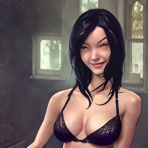 Prompt: cassandra cain wearing a lace bra!!!! in a hot tub, giggling, beautiful face!!!!, cg animation, lifelike, animated, realistic, by artgerm, greg rutkowski, 3 d