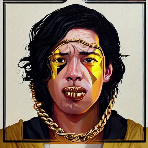 Image similar to a painting of hordor dripped out, gold rings, gold chain, stylish, gold grill by sachin teng