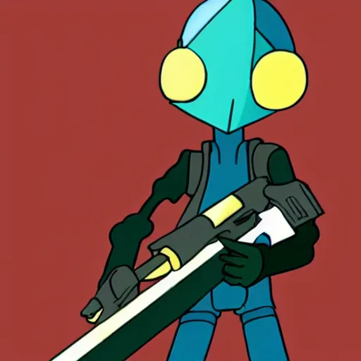 Image similar to canti from flcl anime holding a valorant style sniper rifle.