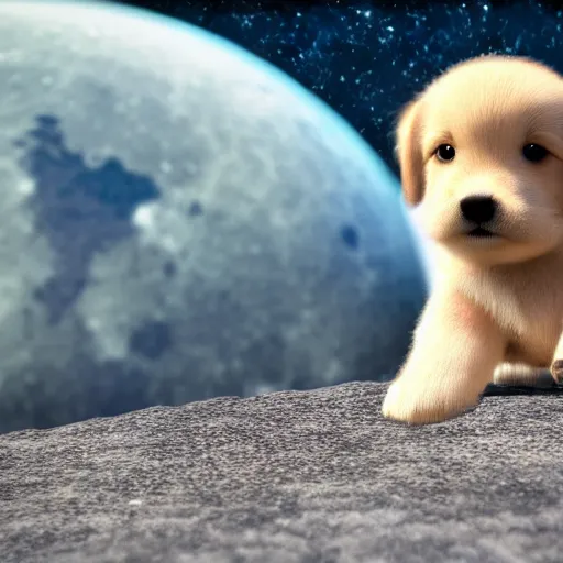 Image similar to cute puppies 4k ultra realistic in park on the moon, earth in background