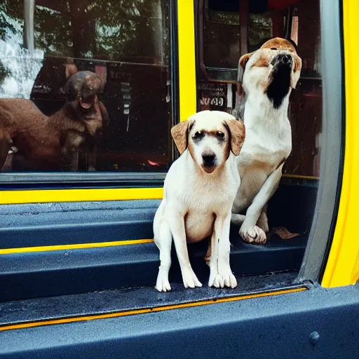 Image similar to a photo of two dogs sitting in front of the bus