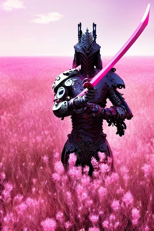 Image similar to illustration cinematic cyborg dragon yielding katana in a field of pale pink flowers, highly detailed smooth digital art masterpiece, vitaly bulgarov dramatic light, ground angle uhd 8 k, sharp focus