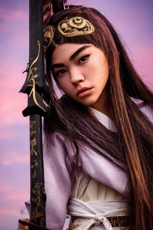 Prompt: highly detailed beautiful photo of madison beer as a young female samurai, practising her sword staces, symmetrical face, beautiful eyes, pink hair, realistic, 8 k, award winning photo, pastels colours, action photography, 1 / 1 2 5 shutter speed, sunrise lighting