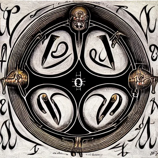 Prompt: masterpiece, symmetrical occult summoning sigil calligraphy by christophe szpajdel, h. r. giger, biomechanical, alchemy, monogram