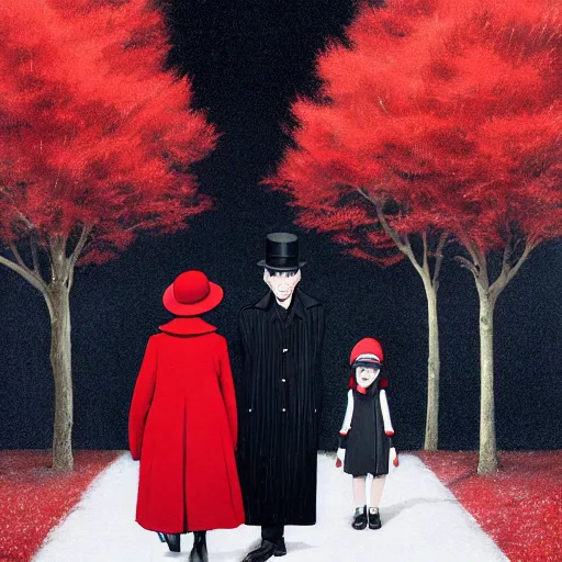 Prompt: a thin man in a black coat and bowler hat talks with small young girl who is dressed in a red coat and a red hat, park, autumn, wide angle, high detail, By Makoto Shinkai, Stanley Artgerm Lau, WLOP, Rossdraws, James Jean, Andrei Riabovitchev, Marc Simonetti, krenz cushart, Sakimichan, D&D trending on ArtStation, digital art, width 768