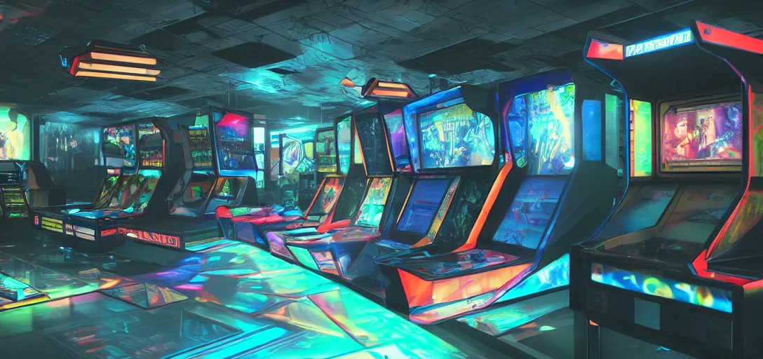 Prompt: photo realistic! pulled - away / angled shot of futuristic video game arcade with holographic augmented reality games, blade runner, dramatic lighting, cinematic, artstation, pinterest, deviantart, polycount, keyshot, marmoset toolbag, unreal engine